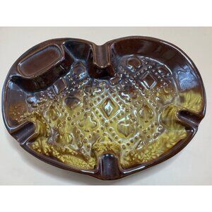 Vintage MCM Poker Patterned, Heart Shaped Ashtray, Dish, Gold And Brown - 1960s!
